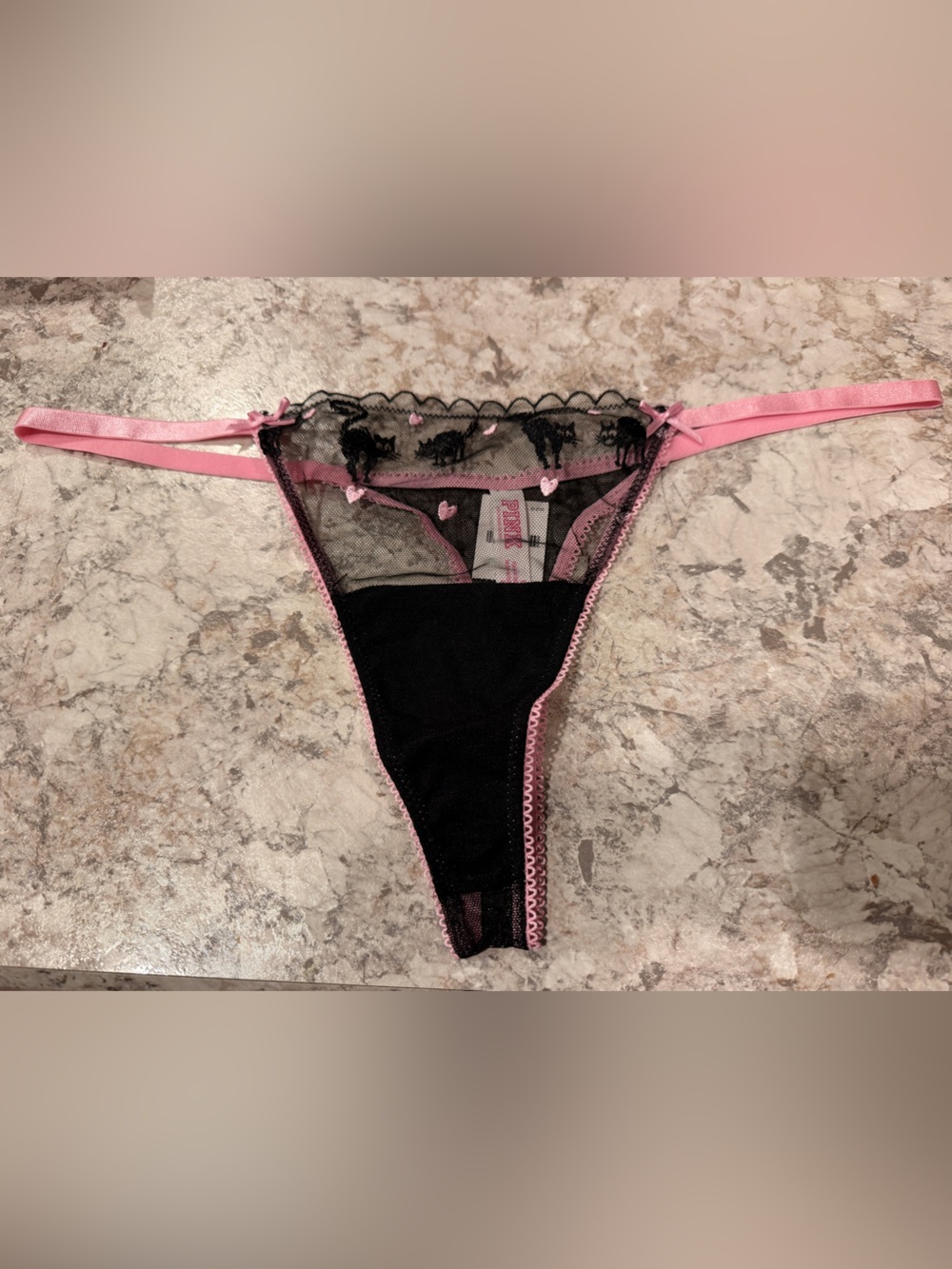 VS PINK HALLOWEEN CAT HEART WINK PANTY THONG SIZE LARGE NWT